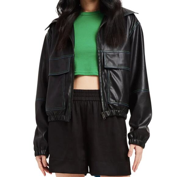 Apparis Faux Leather Tierra Vegan Leather Bomber Jacket Blue Green Stitching M - Picture 1 of 9